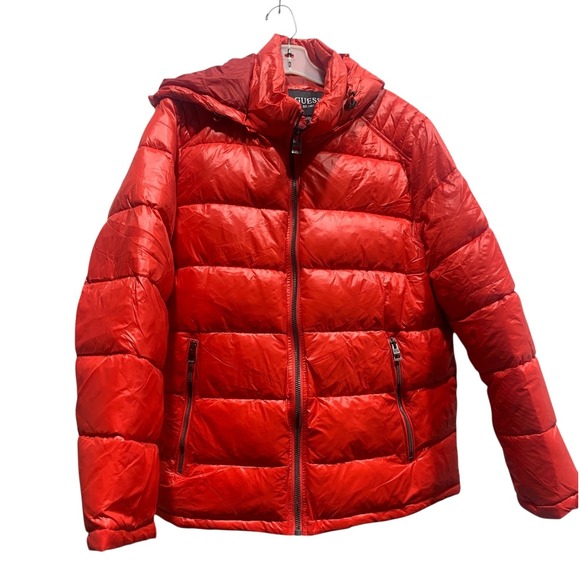 Guess Puffer Jacket Hooded Red Full Zip Zip Pockets Men XL